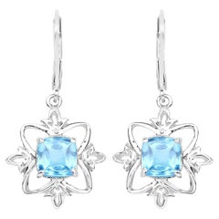 Swiss Blue Topaz Dangle Earrings 5.3 Carats Rhodium Plated Silver