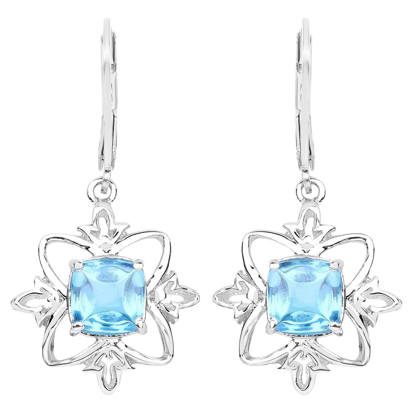 Swiss Blue Topaz Dangle Earrings 5.3 Carats Rhodium Plated Silver