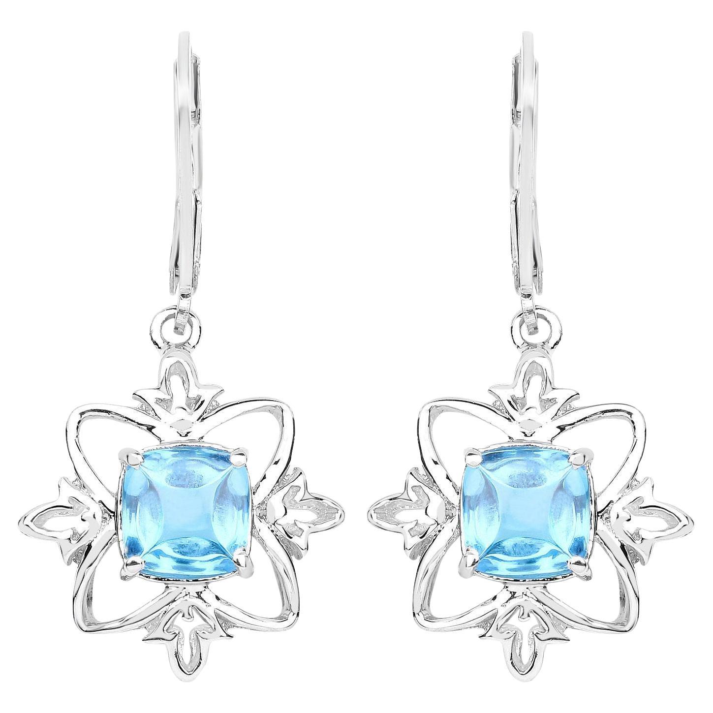 Swiss Blue Topaz Dangle Earrings 5.3 Carats Rhodium Plated Silver