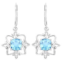 Swiss Blue Topaz Dangle Earrings 5.3 Carats Rhodium Plated Silver