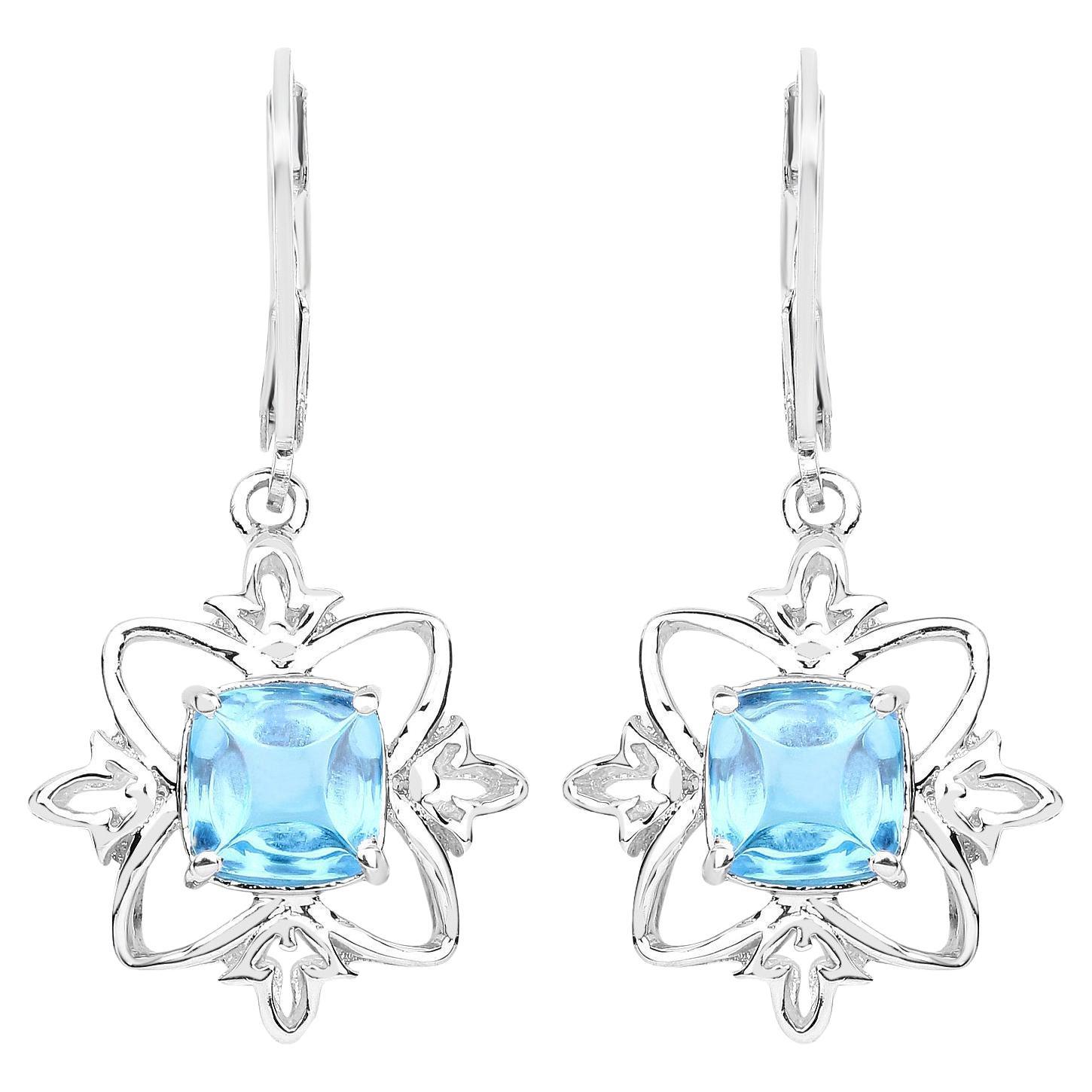 Swiss Blue Topaz Dangle Earrings 5.3 Carats Rhodium Plated Silver For Sale