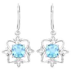 Swiss Blue Topaz Dangle Earrings 5.3 Carats Rhodium Plated Silver