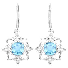 Swiss Blue Topaz Dangle Earrings 5.3 Carats Rhodium Plated Silver