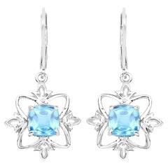 Swiss Blue Topaz Dangle Earrings 5.3 Carats Rhodium Plated Silver