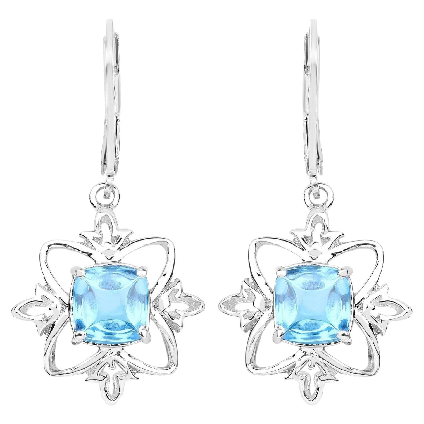 Swiss Blue Topaz Dangle Earrings 5.3 Carats Rhodium Plated Silver