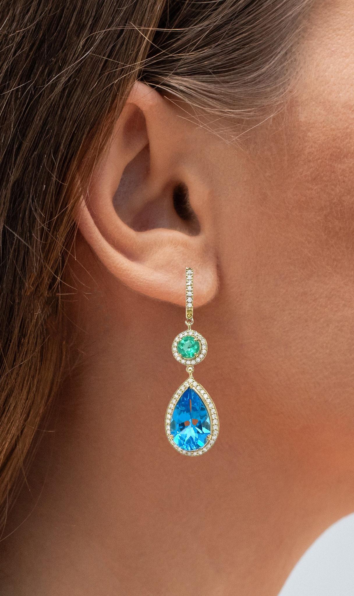 Contemporary Swiss Blue Topaz Dangle Earrings Emeralds Diamonds 15.9 Carats 18K For Sale