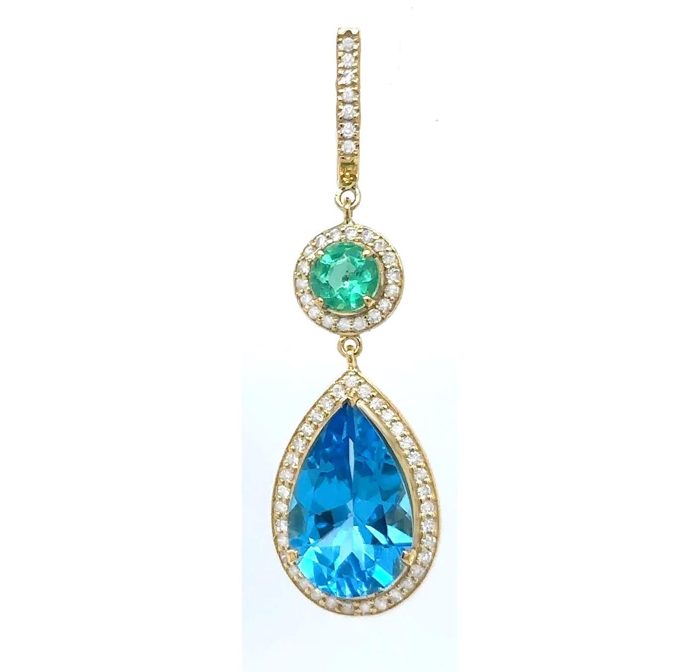 Pear Cut Swiss Blue Topaz Dangle Earrings Emeralds Diamonds 15.9 Carats 18K For Sale