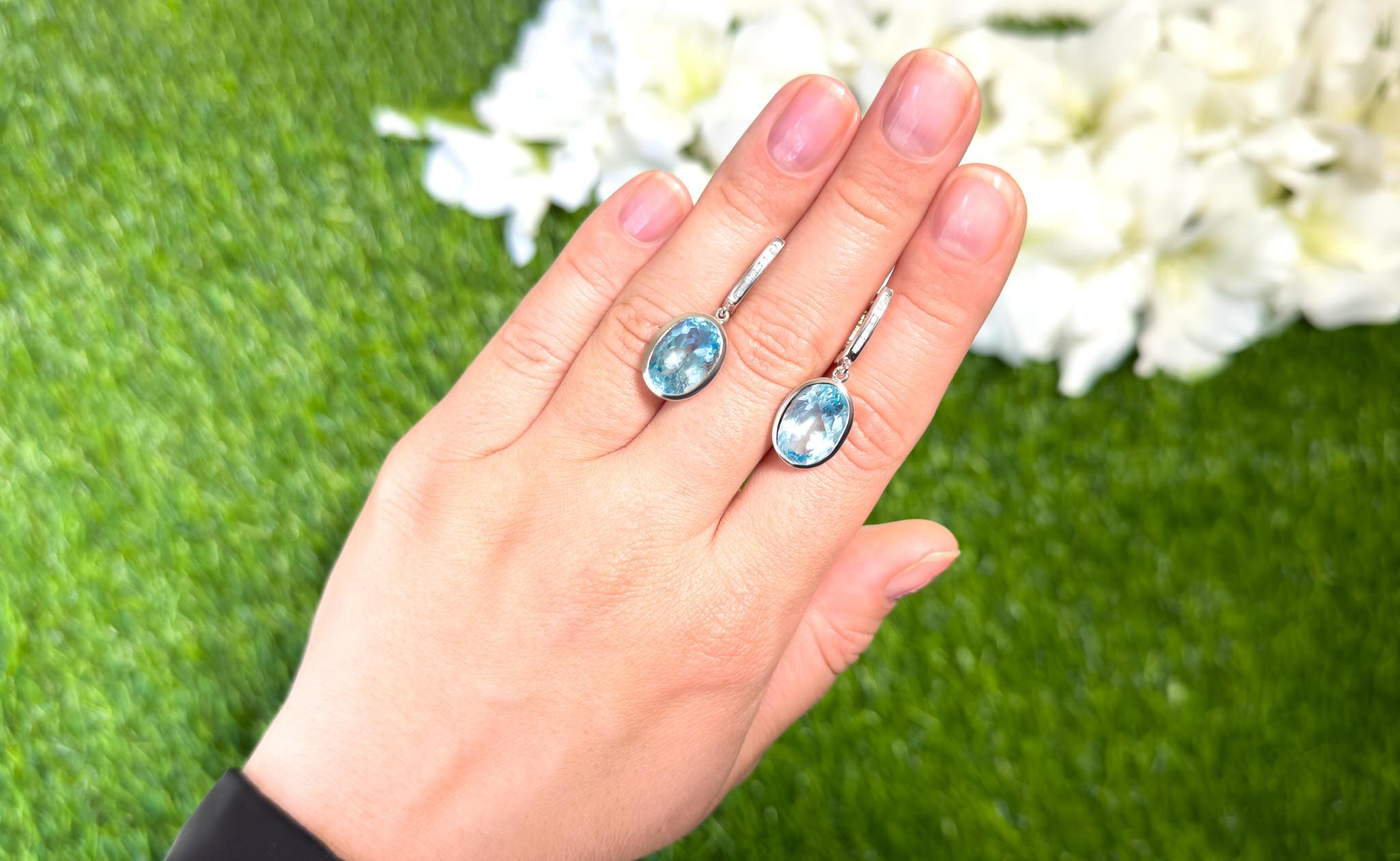 Oval Cut Swiss Blue Topaz Dangle Earrings With Diamonds 15 Carats For Sale