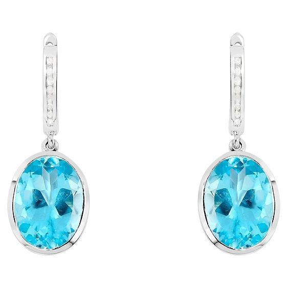 Swiss Blue Topaz Dangle Earrings With Diamonds 15 Carats
