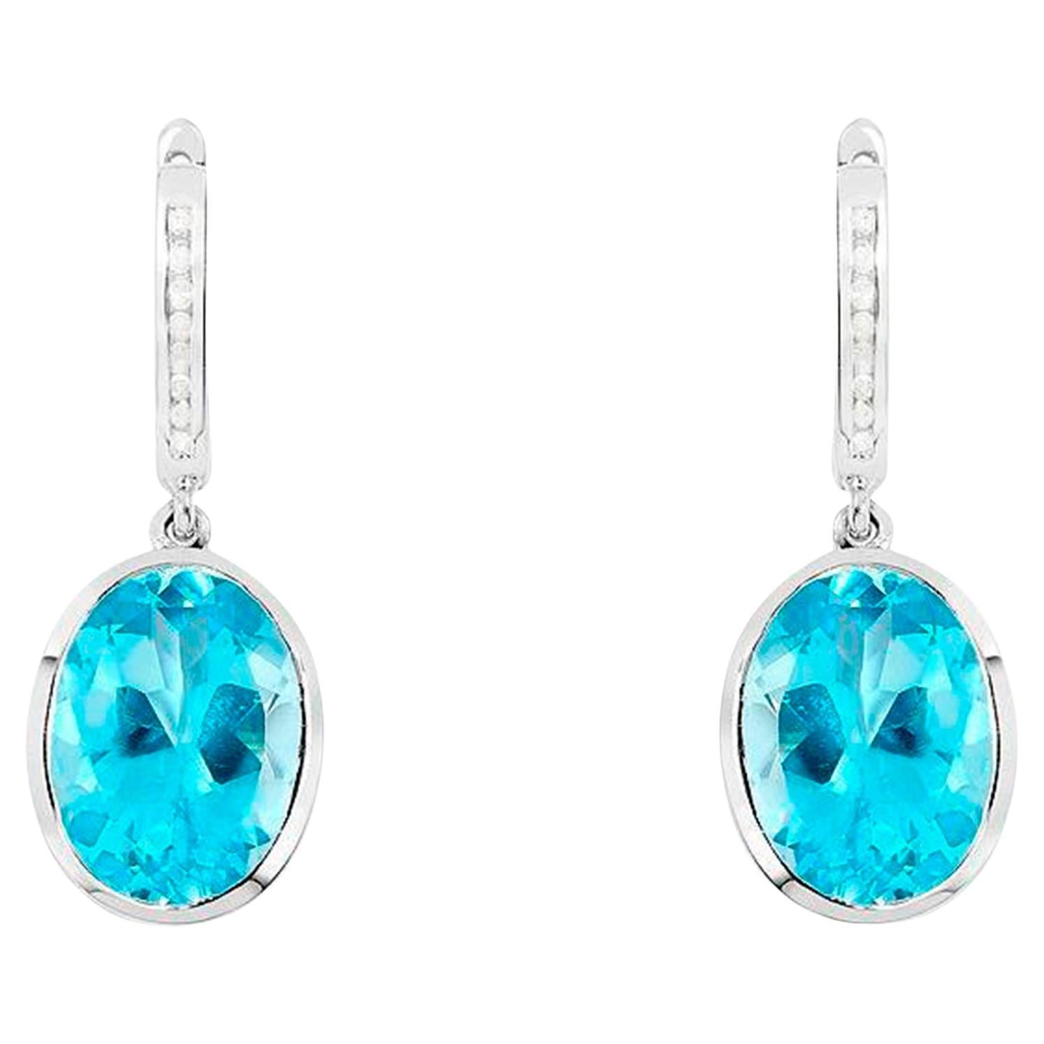 Swiss Blue Topaz Dangle Earrings With Diamonds 15 Carats For Sale