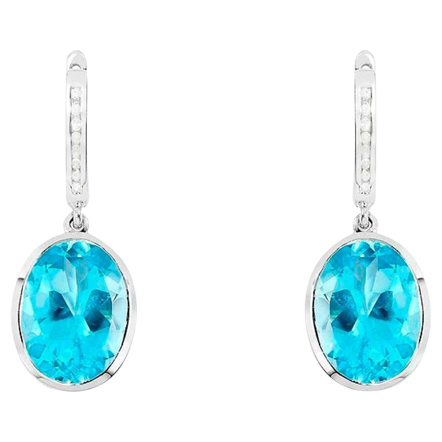 Swiss Blue Topaz Dangle Earrings With Diamonds 15 Carats