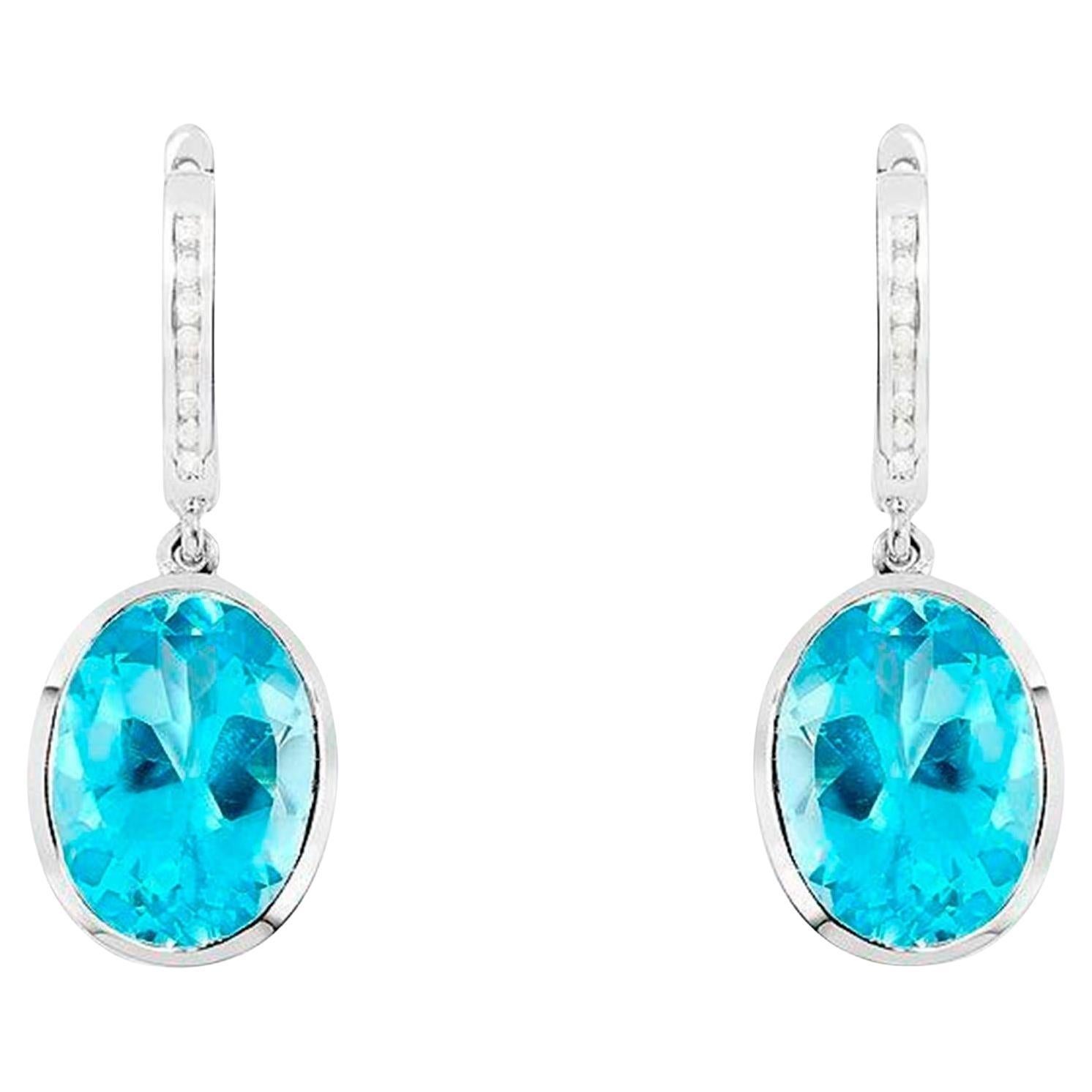 Swiss Blue Topaz Dangle Earrings With Diamonds 15 Carats For Sale