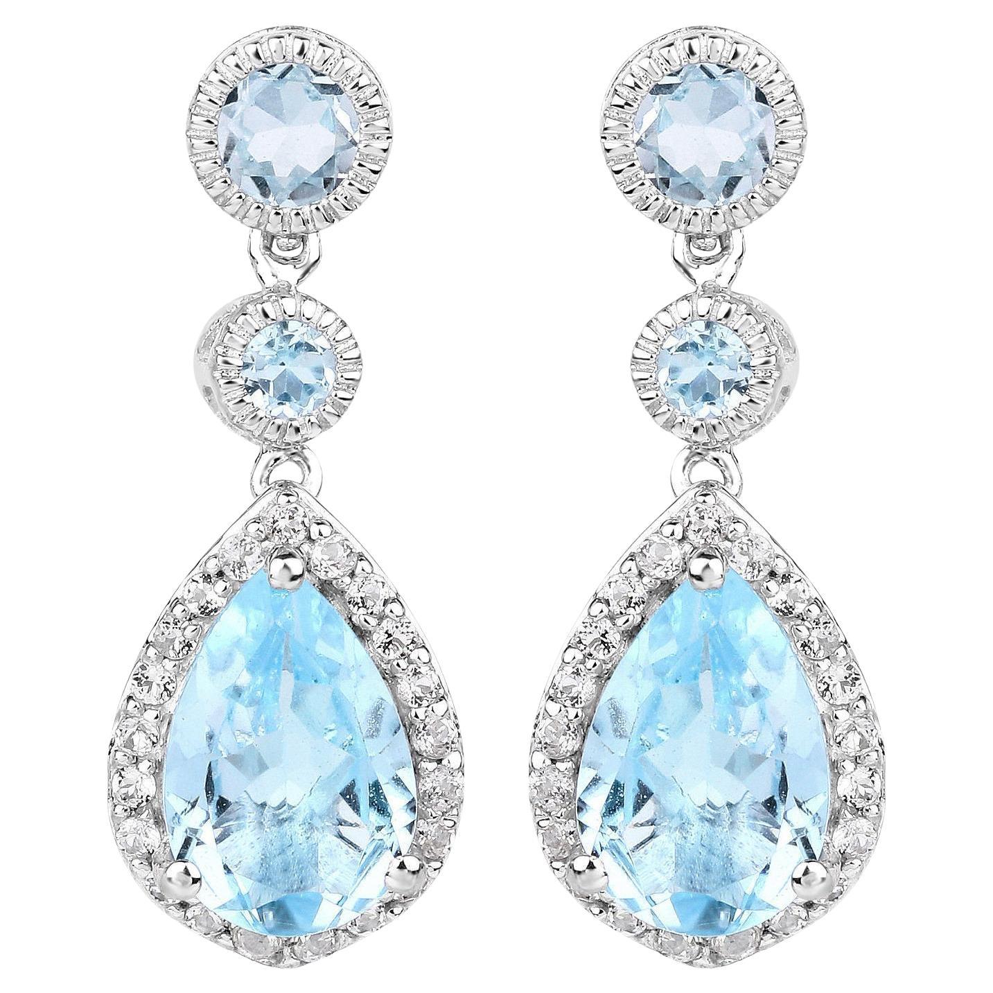 Contemporary Swiss Blue Topaz Dangle Earrings With White Topaz 9.46 Carats