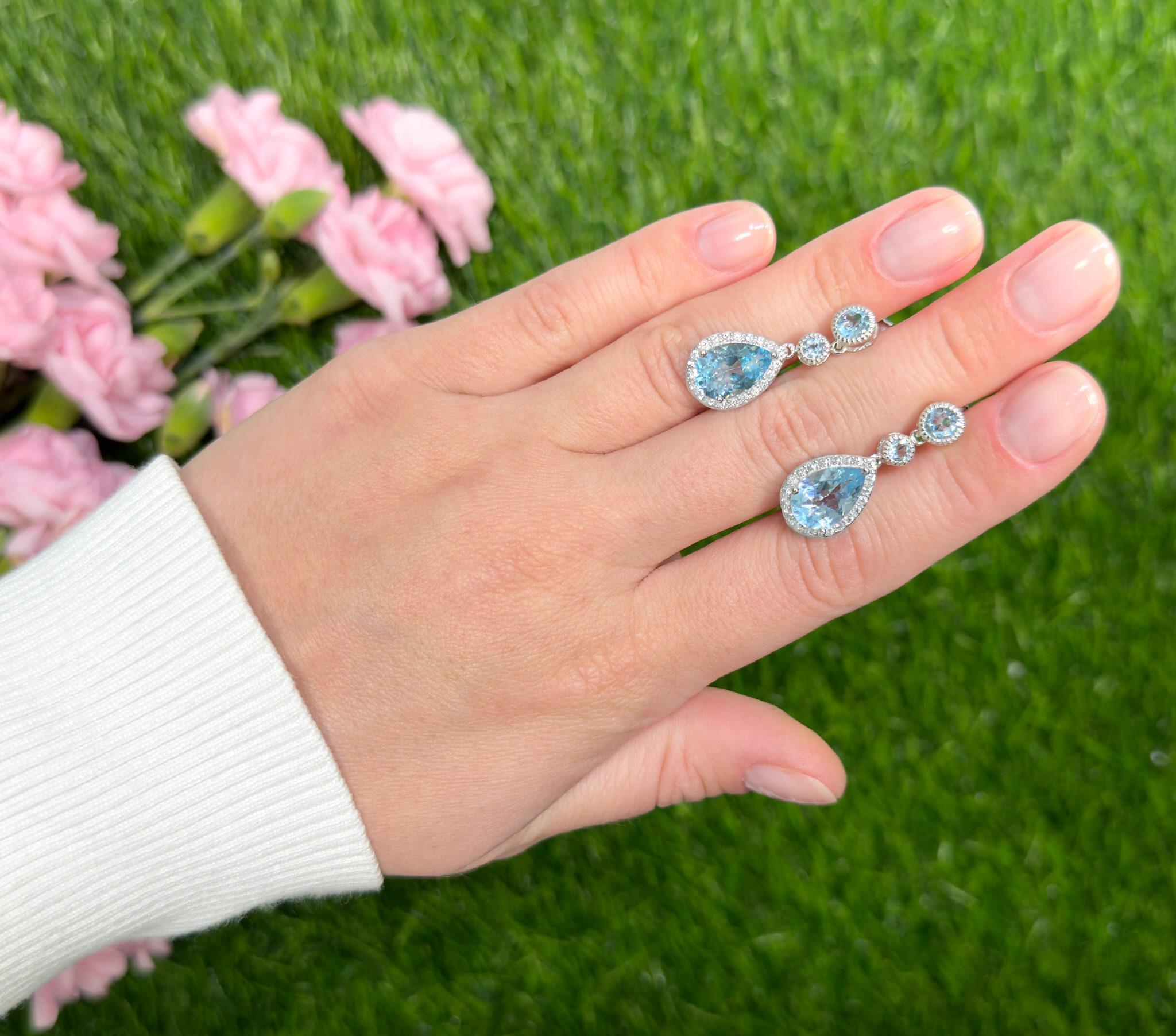 Contemporary Swiss Blue Topaz Dangle Earrings With White Topaz 9.46 Carats For Sale