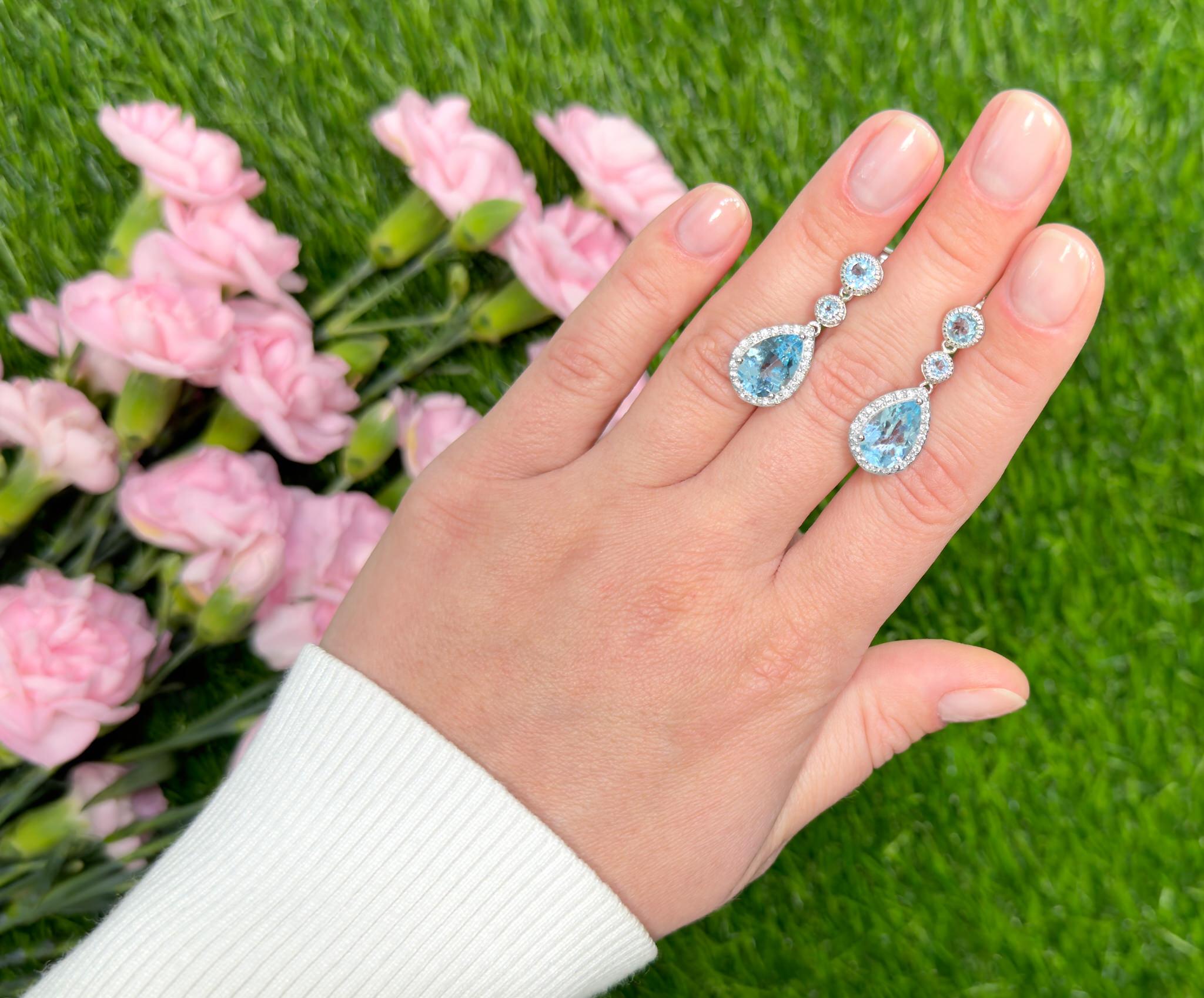Pear Cut Swiss Blue Topaz Dangle Earrings With White Topaz 9.46 Carats For Sale