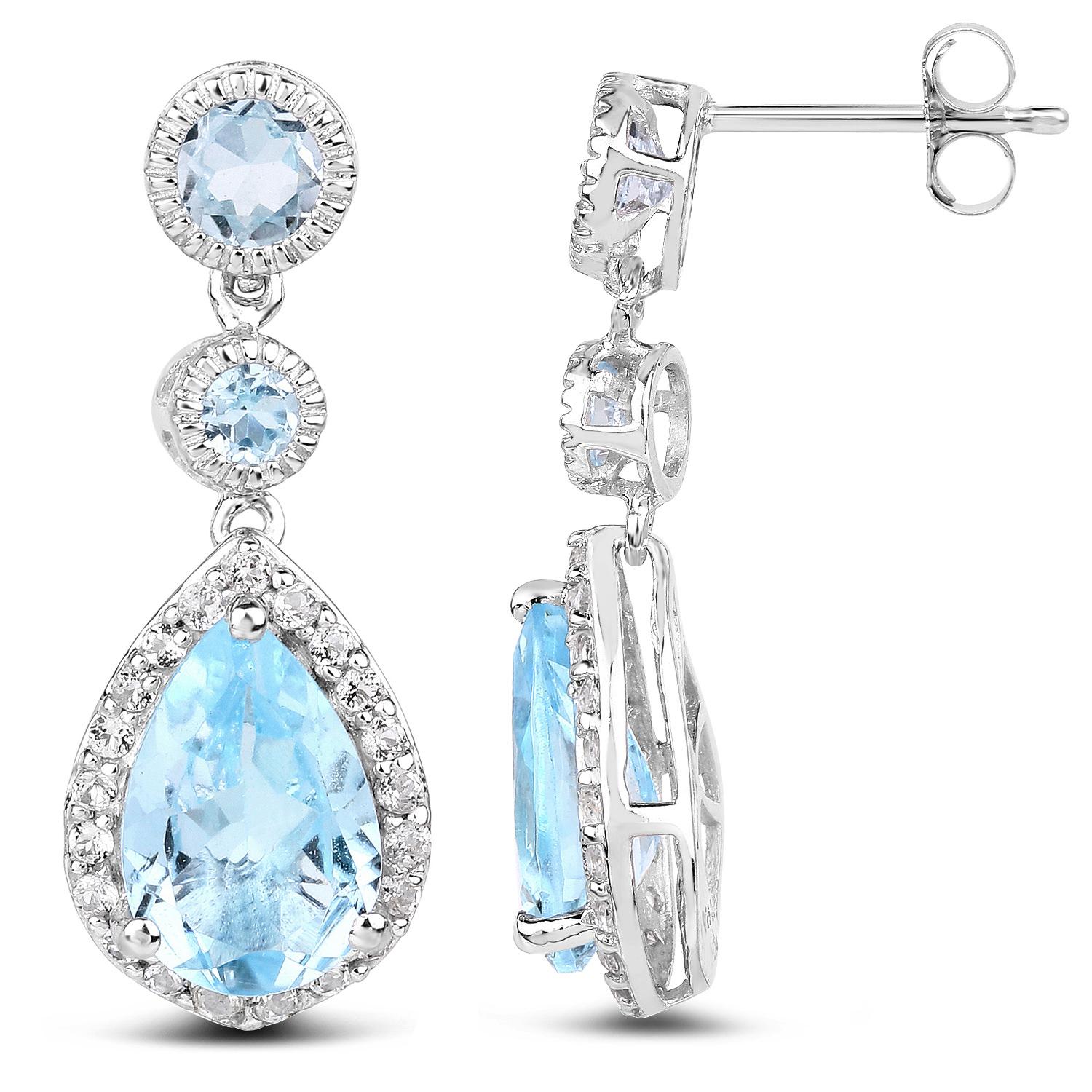 Women's Swiss Blue Topaz Dangle Earrings With White Topaz 9.46 Carats For Sale