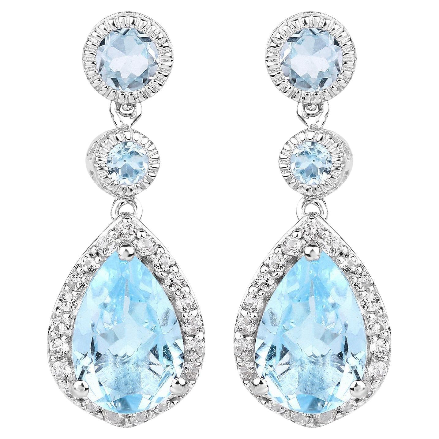 Swiss Blue Topaz Dangle Earrings With White Topaz 9.46 Carats For Sale