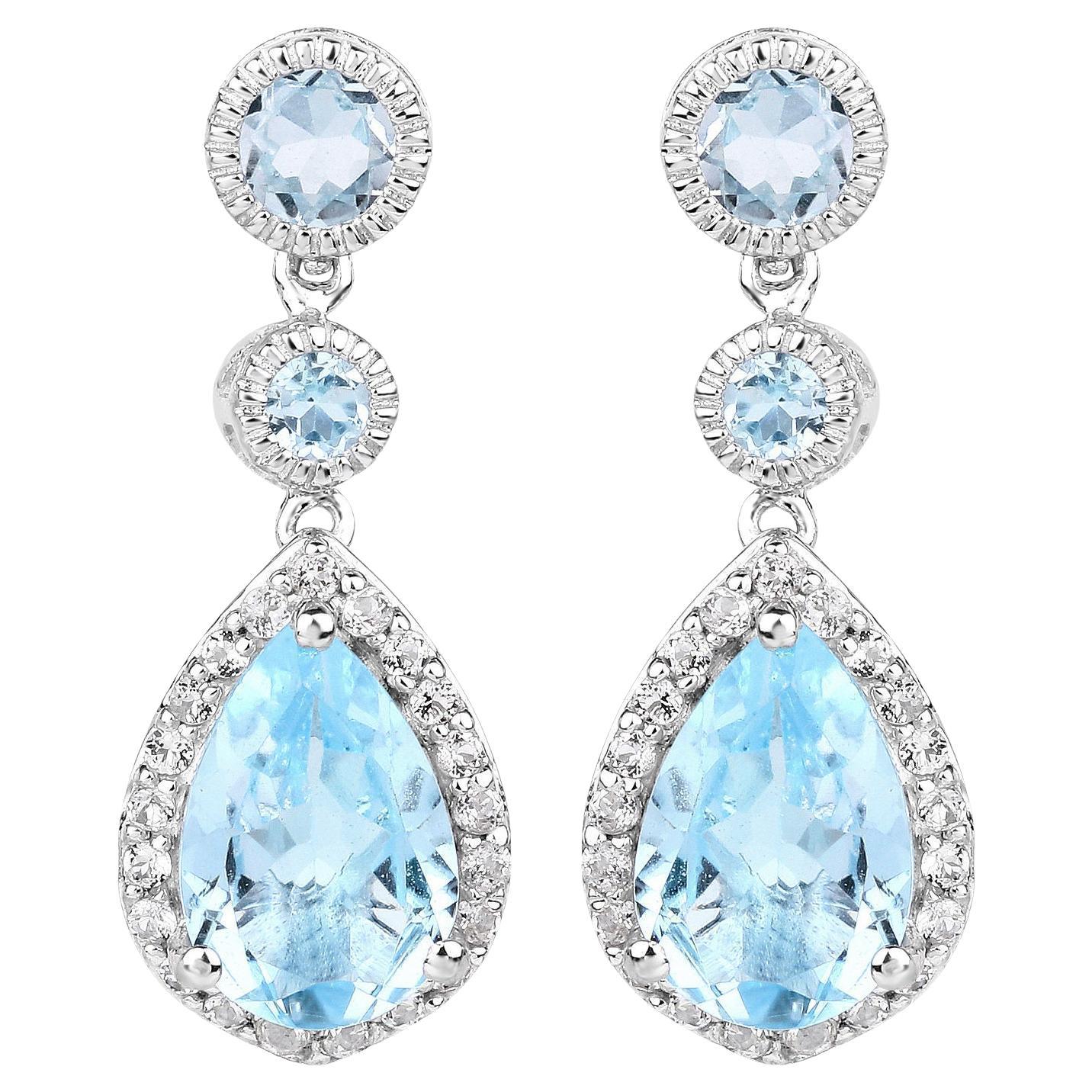 Swiss Blue Topaz Dangle Earrings With White Topaz 9.46 Carats