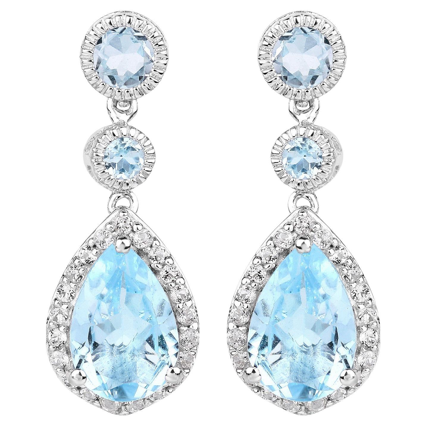 Swiss Blue Topaz Dangle Earrings With White Topaz 9.46 Carats For Sale