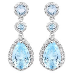 Swiss Blue Topaz Dangle Earrings With White Topaz 9.46 Carats
