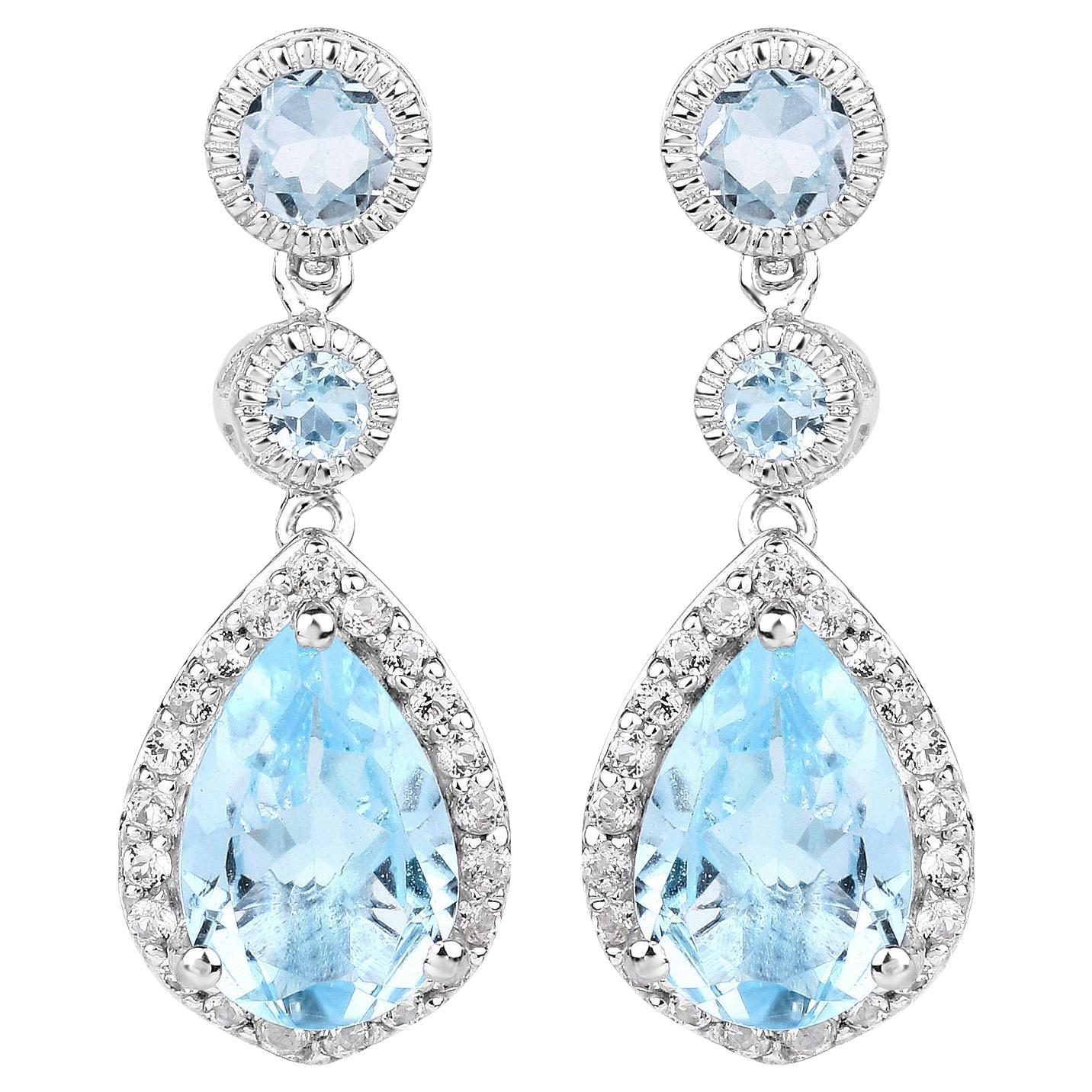 Swiss Blue Topaz Dangle Earrings With White Topaz 9.46 Carats