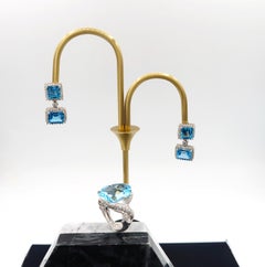 Swiss Blue Topaz Diamond Cocktail Ring and Detachable Drop Stud Earrings