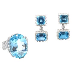 Swiss Blue Topaz Diamond Cocktail Ring and Detachable Drop Stud Earrings