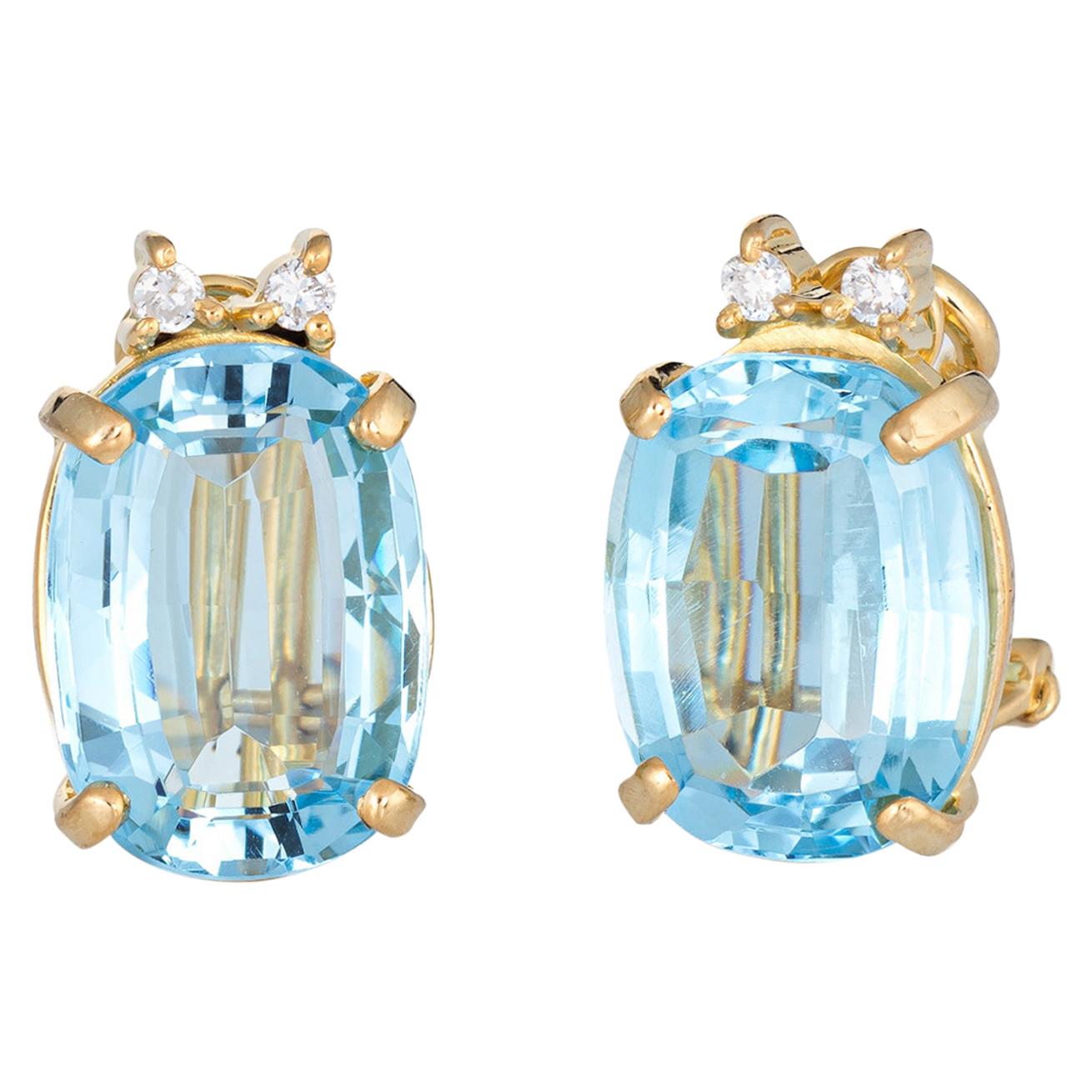 Swiss Blue Topaz Diamond Earrings Clip-On Vintage 18 Karat Gold Oval Studs