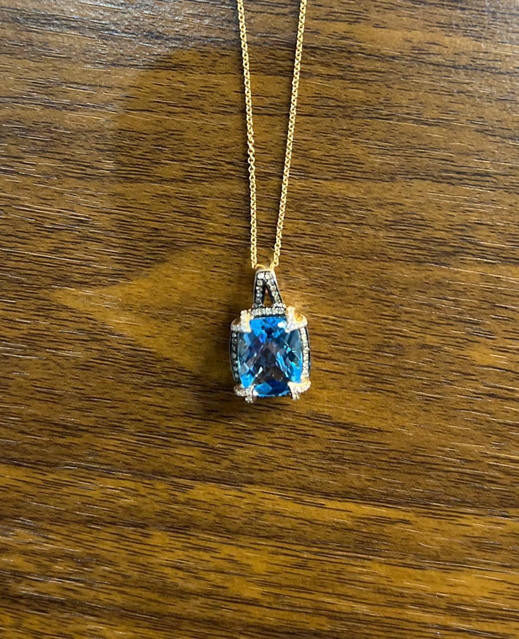 Women's Swiss Blue Topaz Diamond Halo 14K Rose Gold Pendant Chain Necklace For Sale