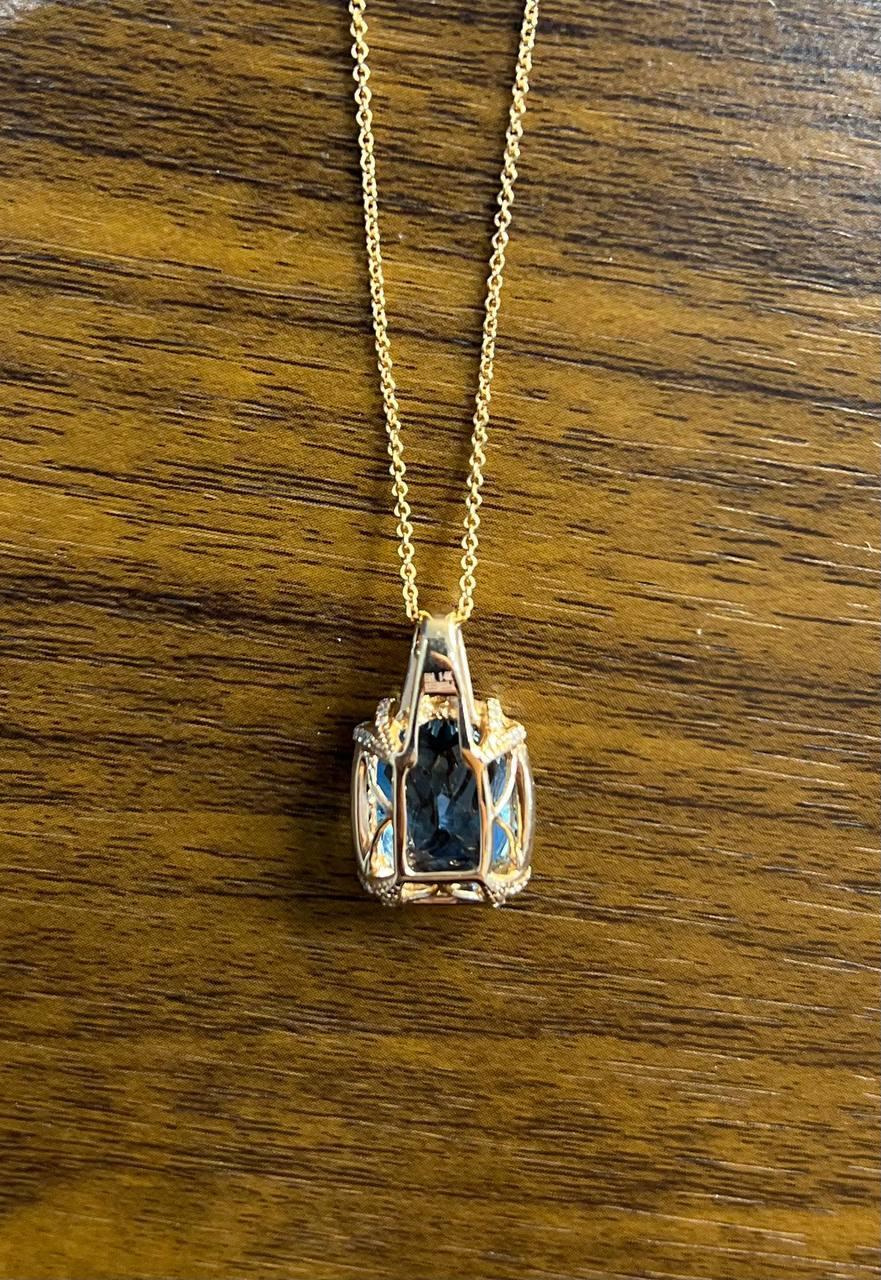 Swiss Blue Topaz Diamond Halo 14K Rose Gold Pendant Chain Necklace For Sale 2