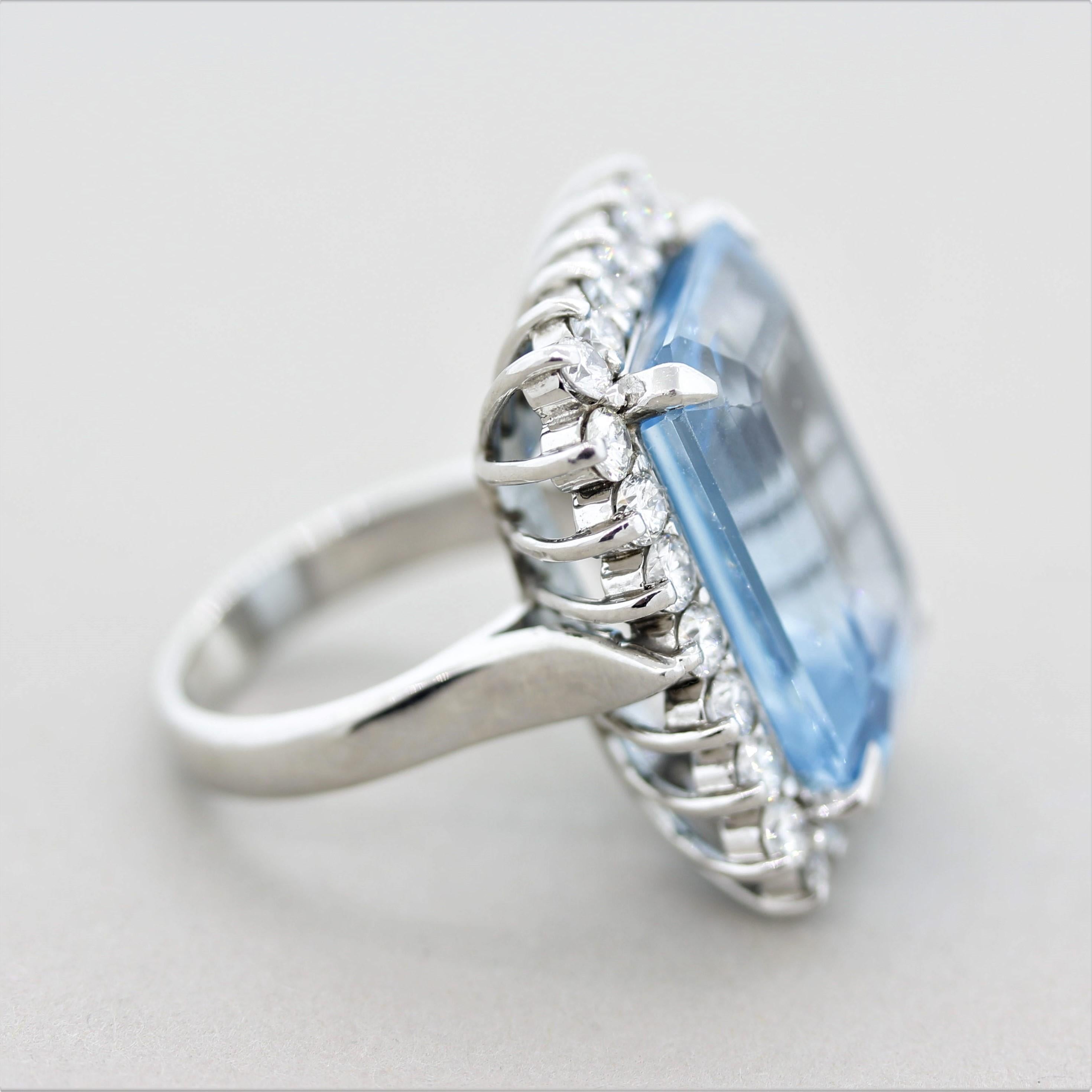 Emerald Cut Swiss Blue Topaz Diamond Halo Platinum Cocktail Ring For Sale
