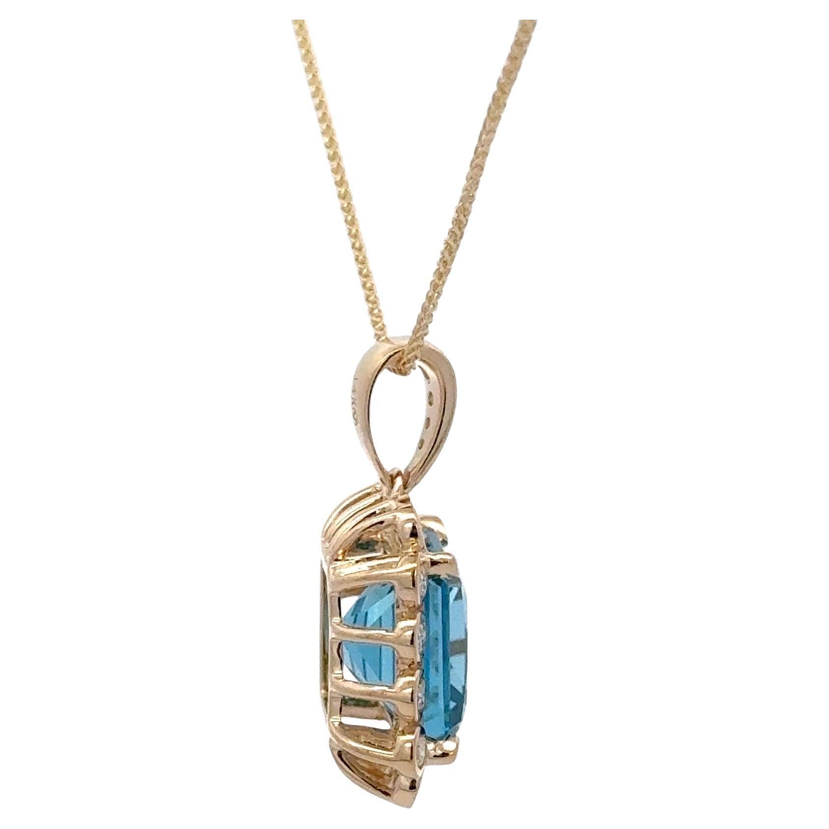 Radiant Cut Swiss Blue Topaz Diamond Pendant 6.10 Carats 14 Karat Yellow Gold For Sale
