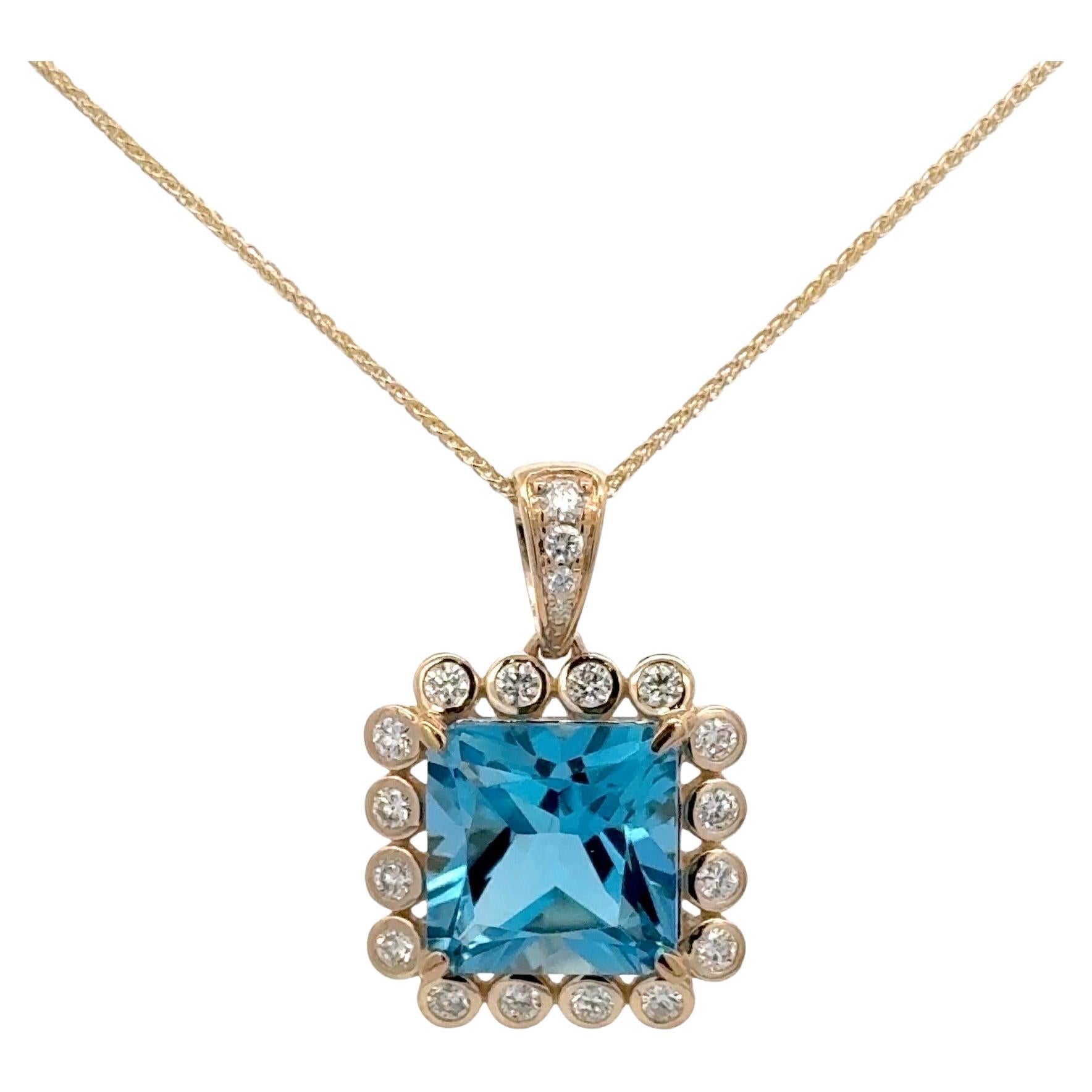 Swiss Blue Topaz Diamond Pendant 6.10 Carats 14 Karat Yellow Gold