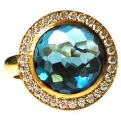 Swiss Blue topaz diamond ring 18KT gold size 8