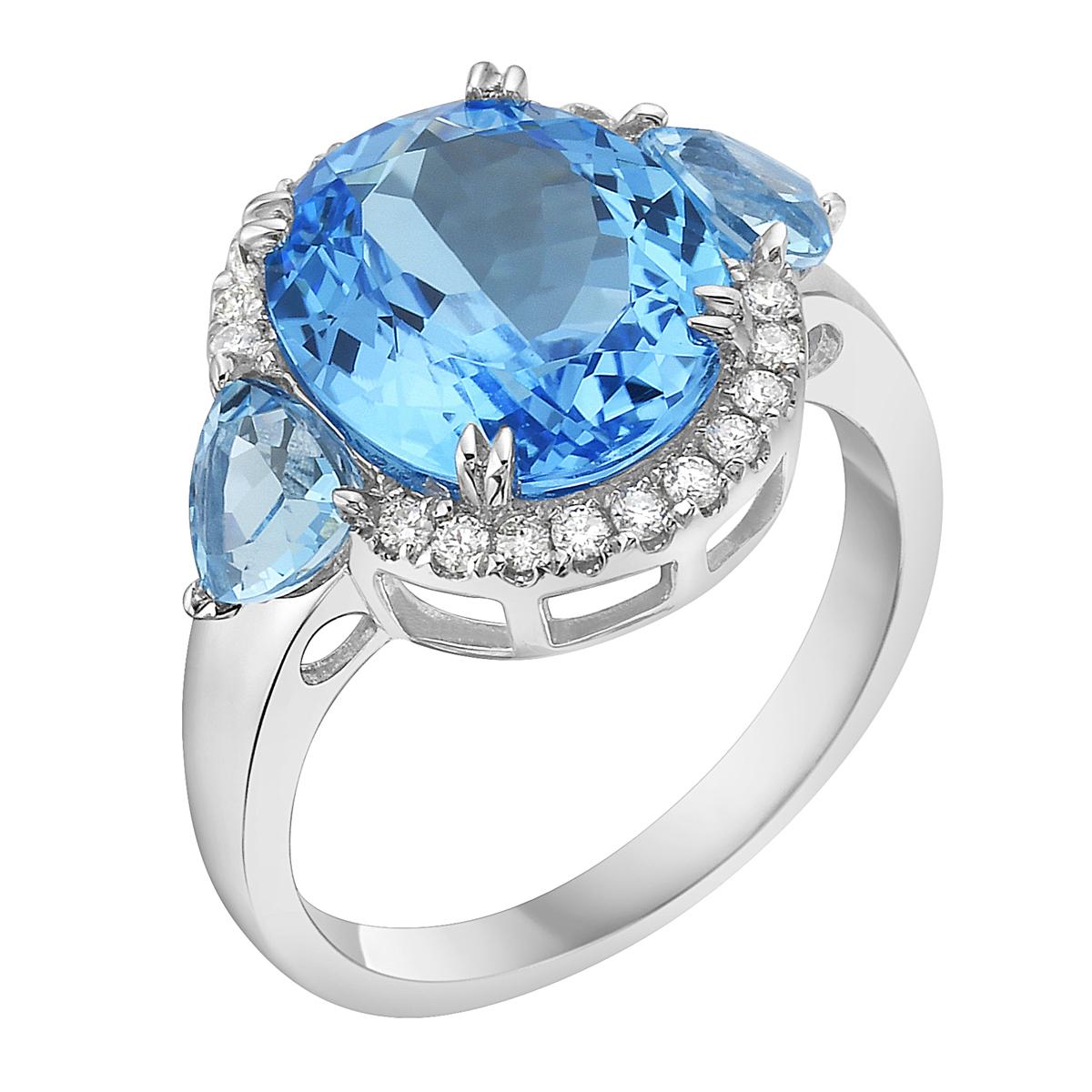 With this exquisite semi-precious swiss blue topaz ring, style and glamour are in the spotlight. This 14-karat oval cut ring is made from 3.4 grams of gold, 3 swiss blue topaz's totaling 6.62 karats, and is surrounded by 20 round SI1-SI2, GH color