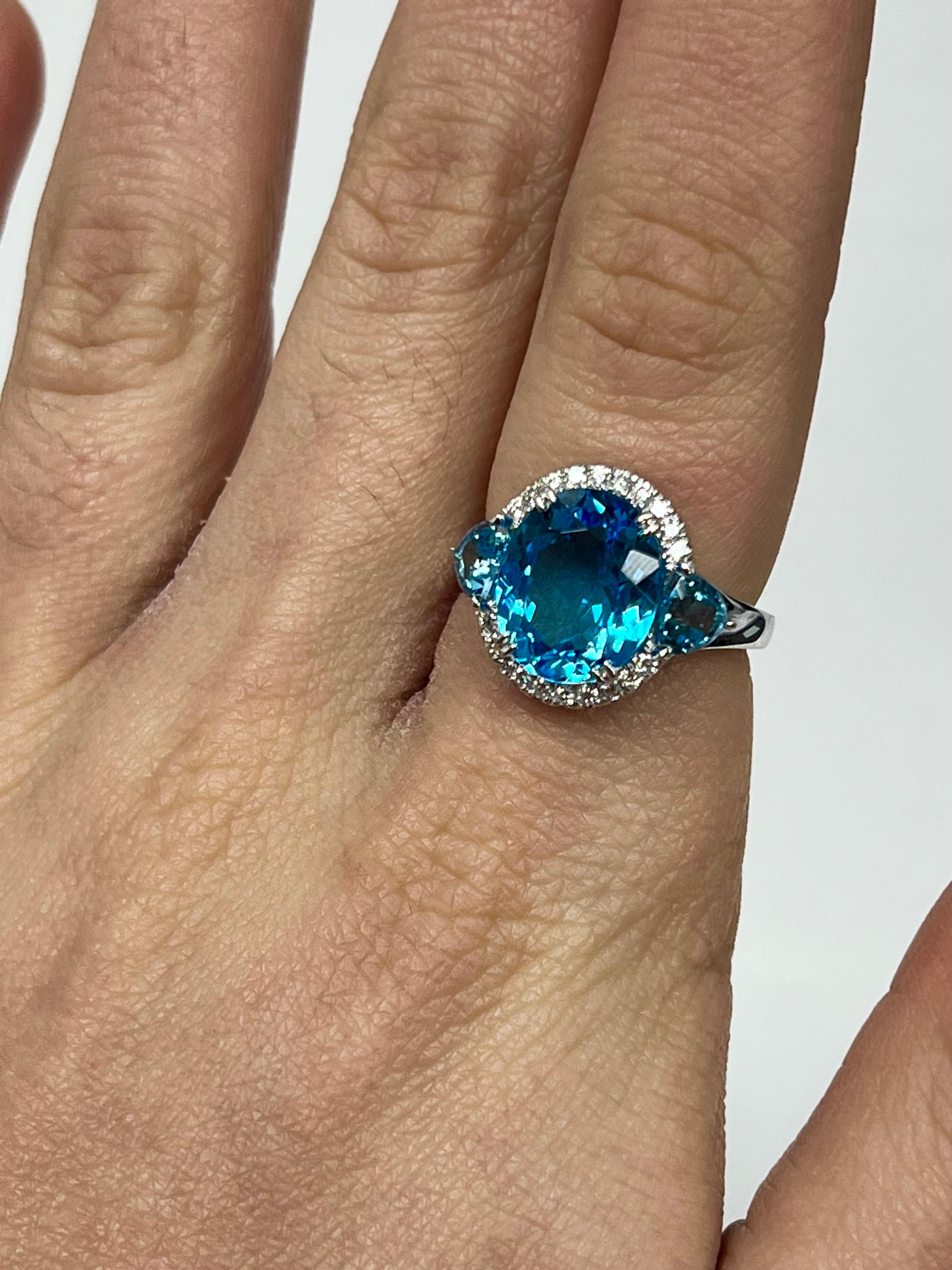 Oval Cut Swiss Blue Topaz Diamond Ring For Sale