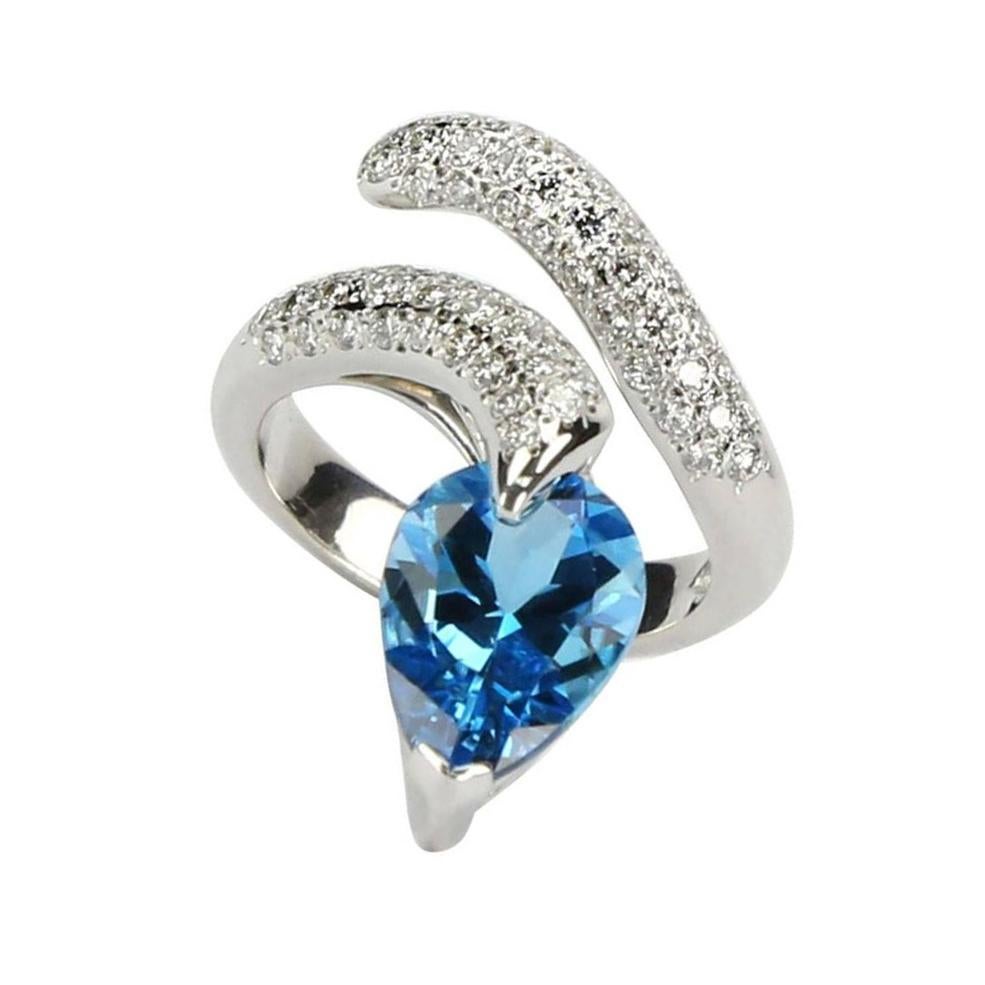 Modernist Swiss Blue Topaz and Diamond Gold Snake Serpent Ring Estate Fine Jewelry