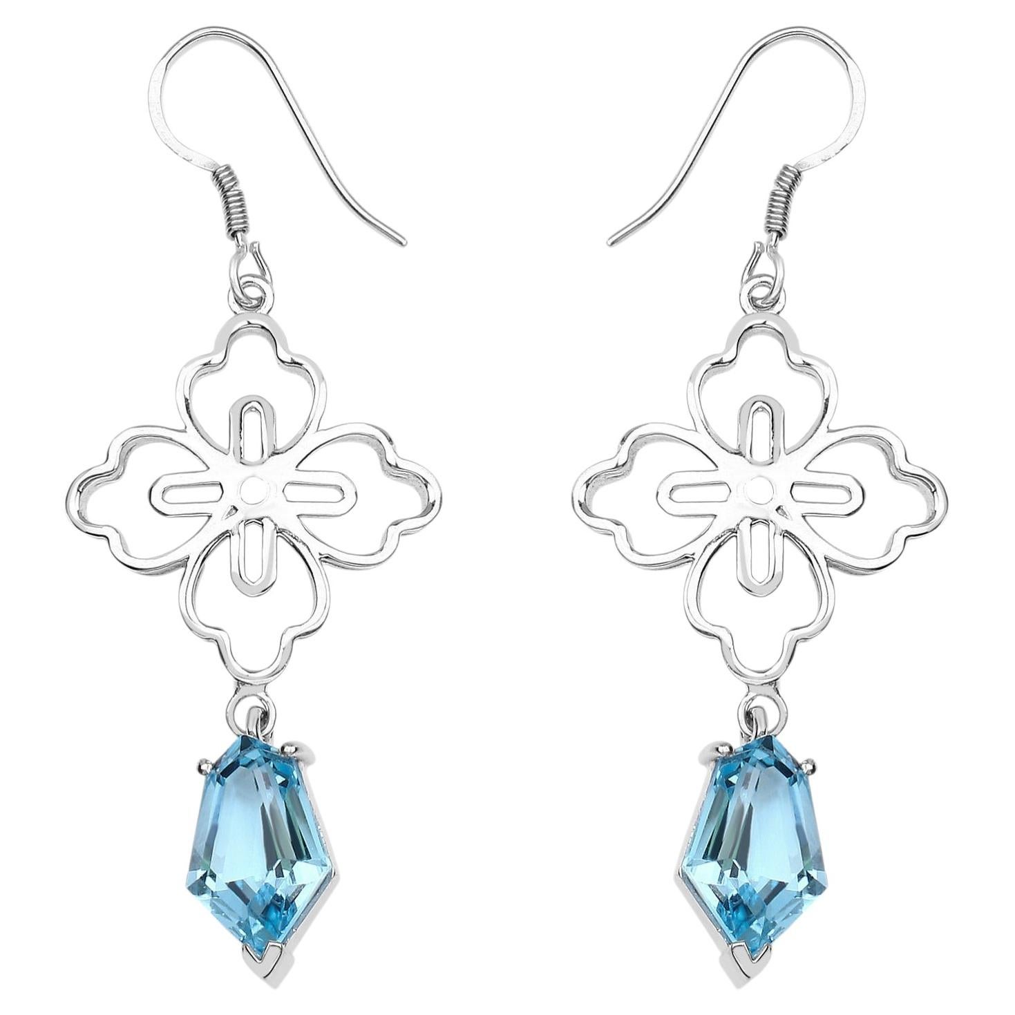 Swiss Blue Topaz Earrings 12.1 Carats Sterling Silver For Sale