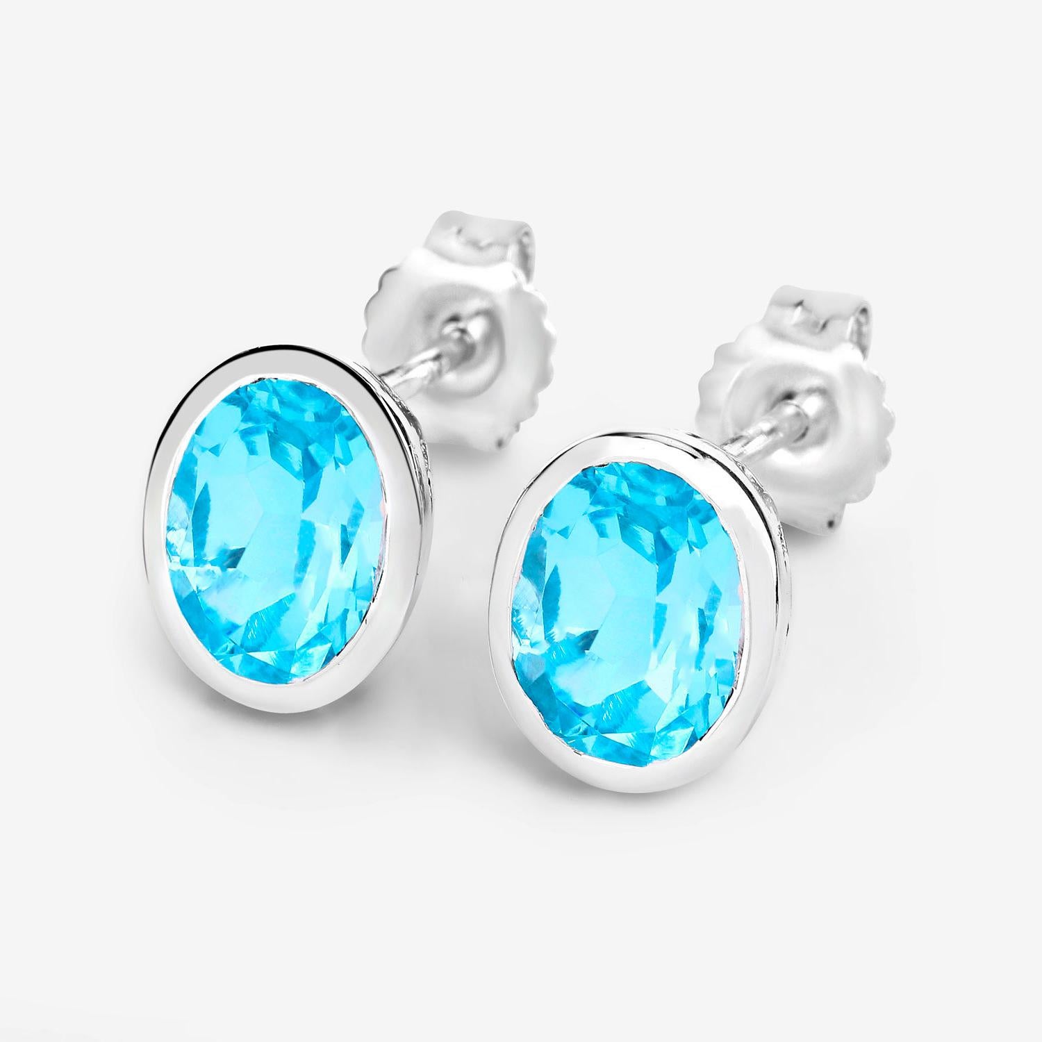 Contemporary Swiss Blue Topaz Earrings 4 Carats Bezel Set Sterling Silver For Sale