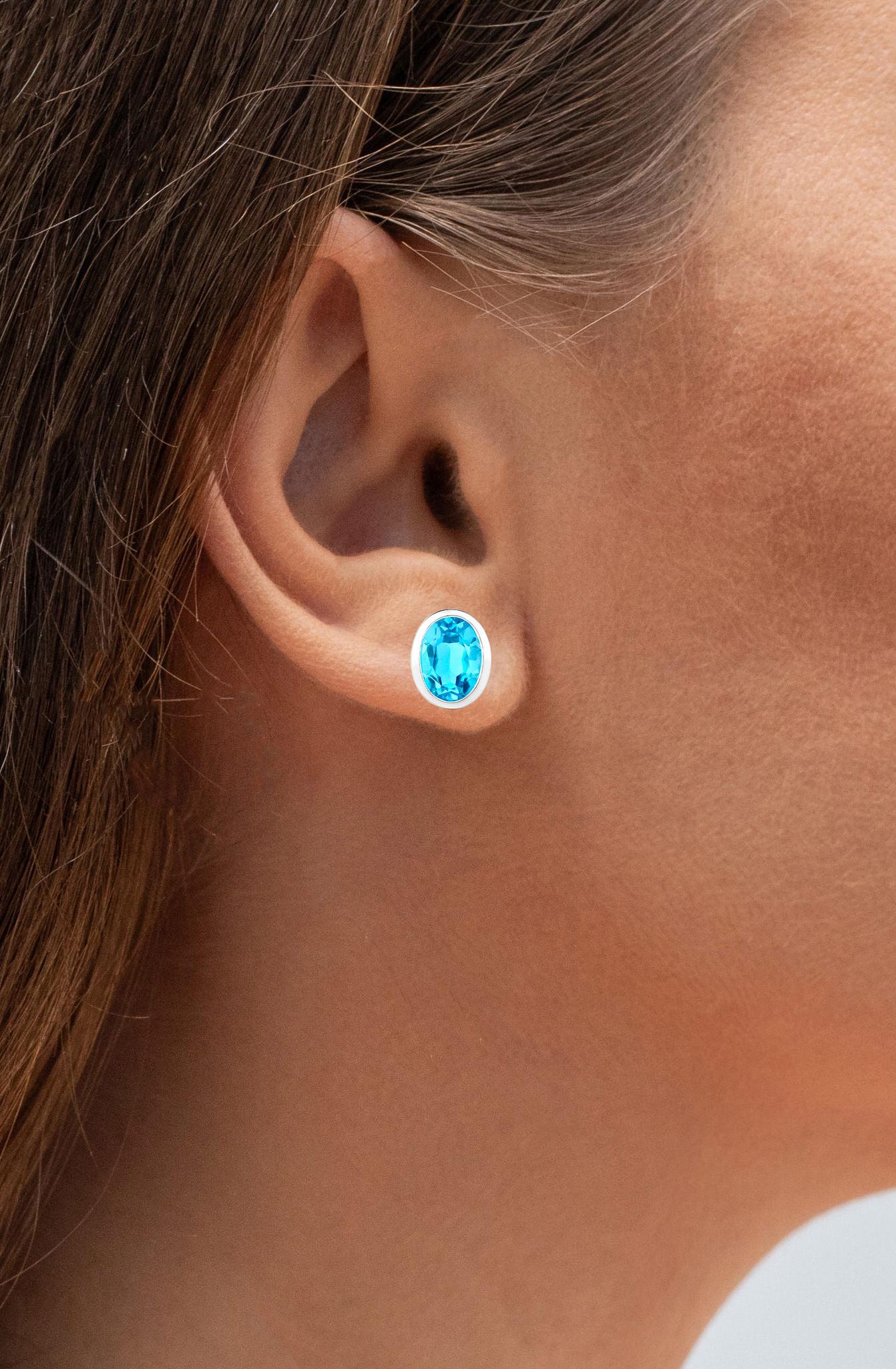 Oval Cut Swiss Blue Topaz Earrings 4 Carats Bezel Set Sterling Silver For Sale