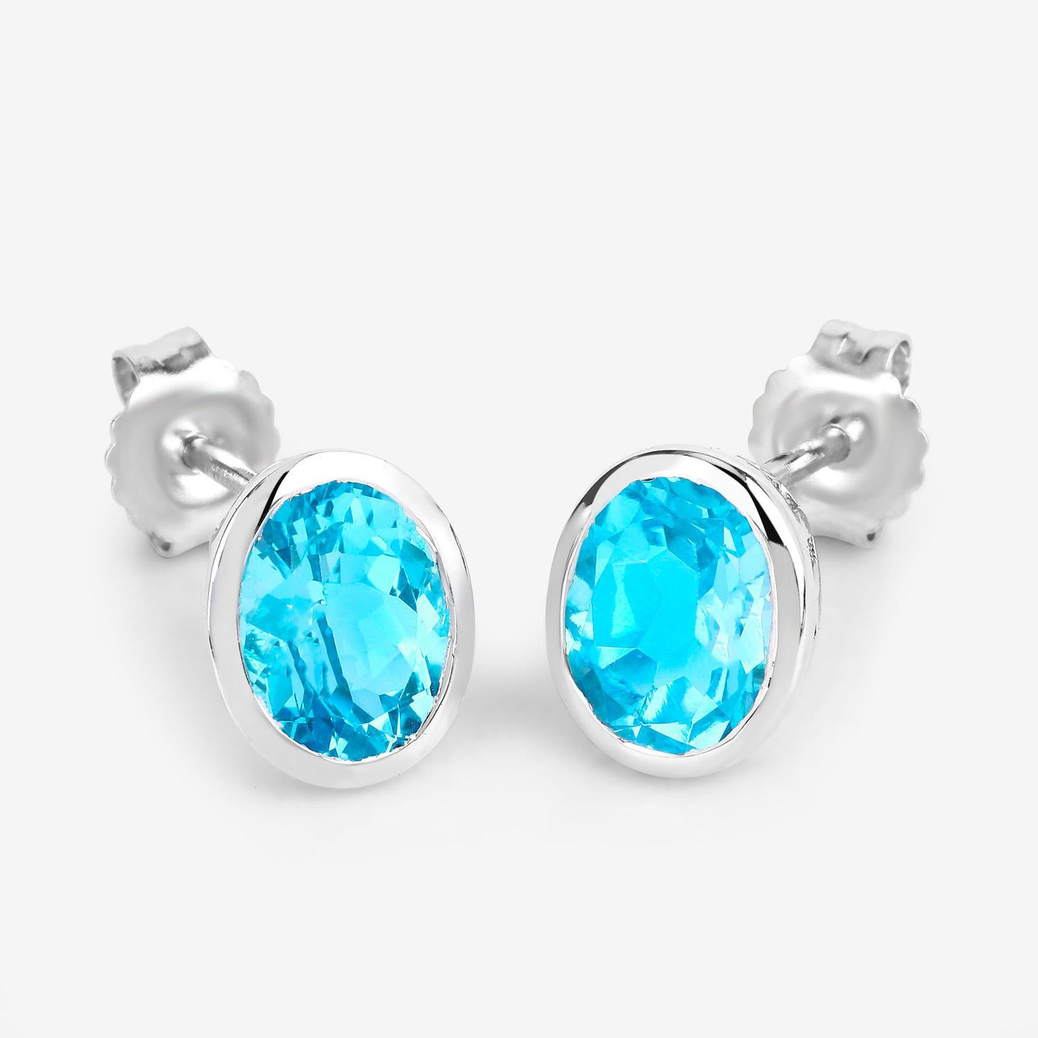 Swiss Blue Topaz Earrings 4 Carats Bezel Set Sterling Silver In Excellent Condition For Sale In Aliso Viejo, CA