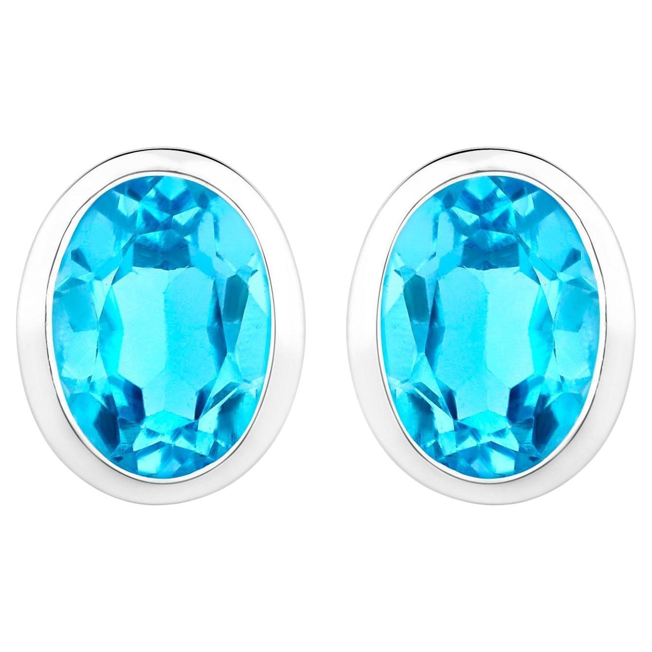 Swiss Blue Topaz Earrings 4 Carats Bezel Set Sterling Silver