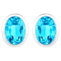 Swiss Blue Topaz Earrings 4 Carats Bezel Set Sterling Silver