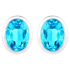 Swiss Blue Topaz Earrings 4 Carats Bezel Set Sterling Silver