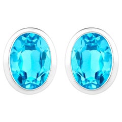 Swiss Blue Topaz Earrings 4 Carats Bezel Set Sterling Silver