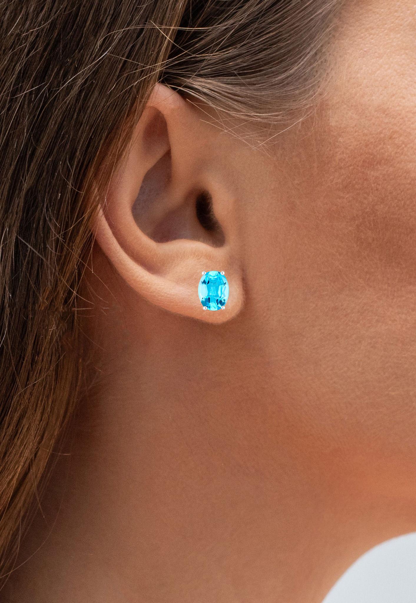 Oval Cut Swiss Blue Topaz Earrings 4 Carats Prong Set Sterling Silver For Sale