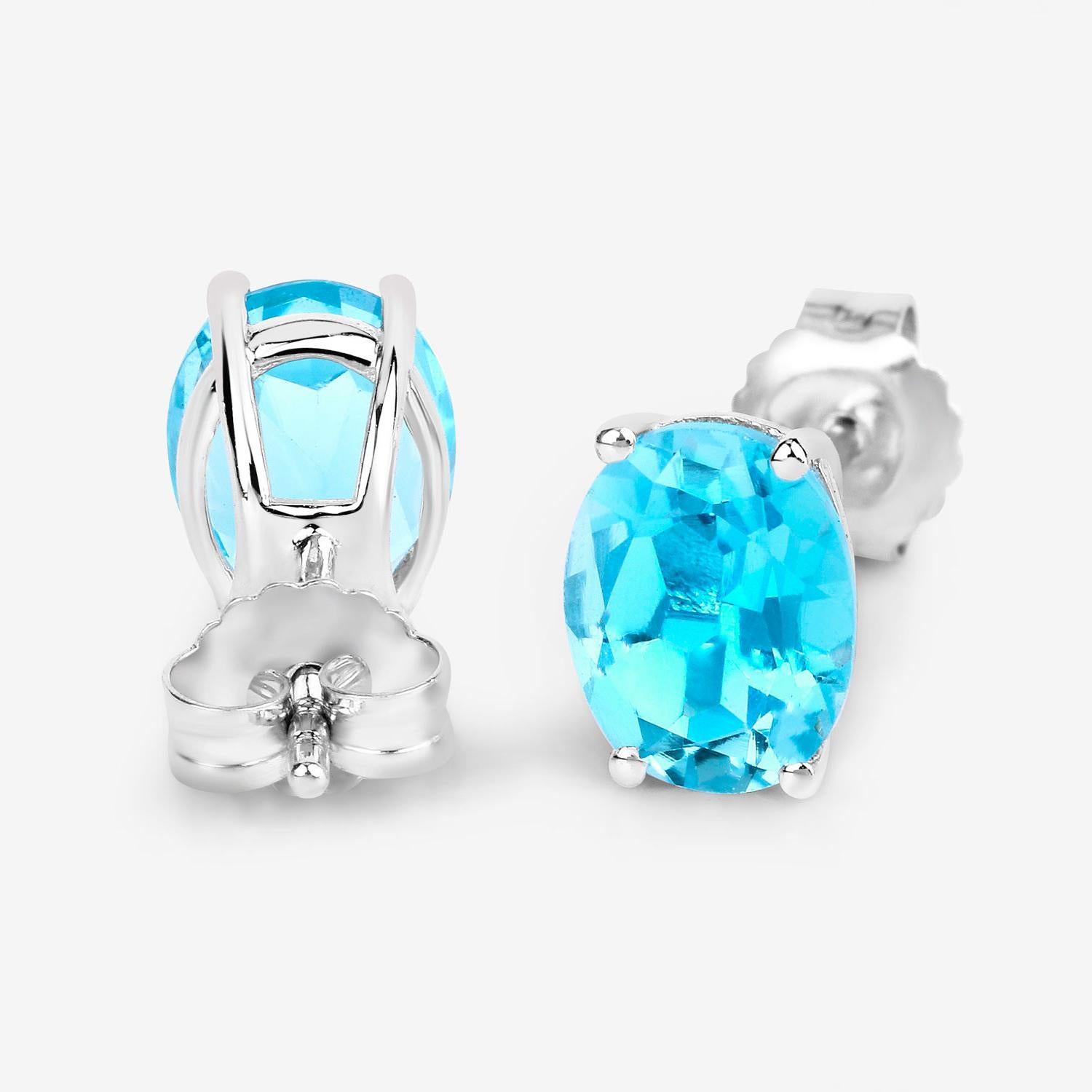 Women's or Men's Swiss Blue Topaz Earrings 4 Carats Prong Set Sterling Silver For Sale