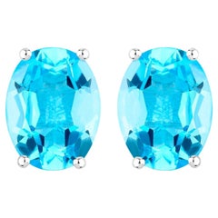 Swiss Blue Topaz Earrings 4 Carats Prong Set Sterling Silver