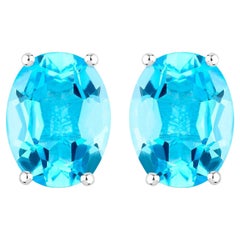 Swiss Blue Topaz Earrings 4 Carats Prong Set Sterling Silver