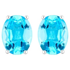 Swiss Blue Topaz Earrings 4 Carats Prong Set Sterling Silver